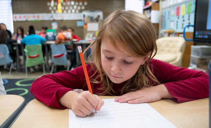 A young child in a classroom writing.