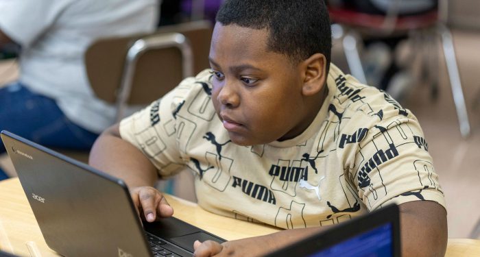 A child at a desk using a computer.