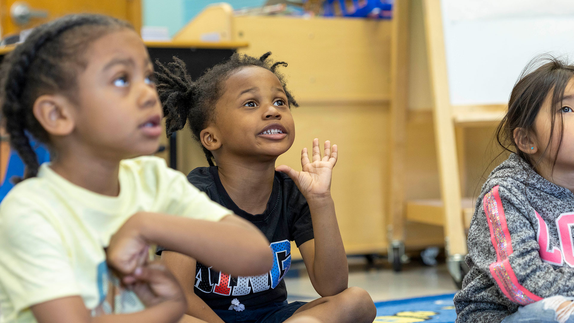 Young students sit on a rug and one raises their hand.