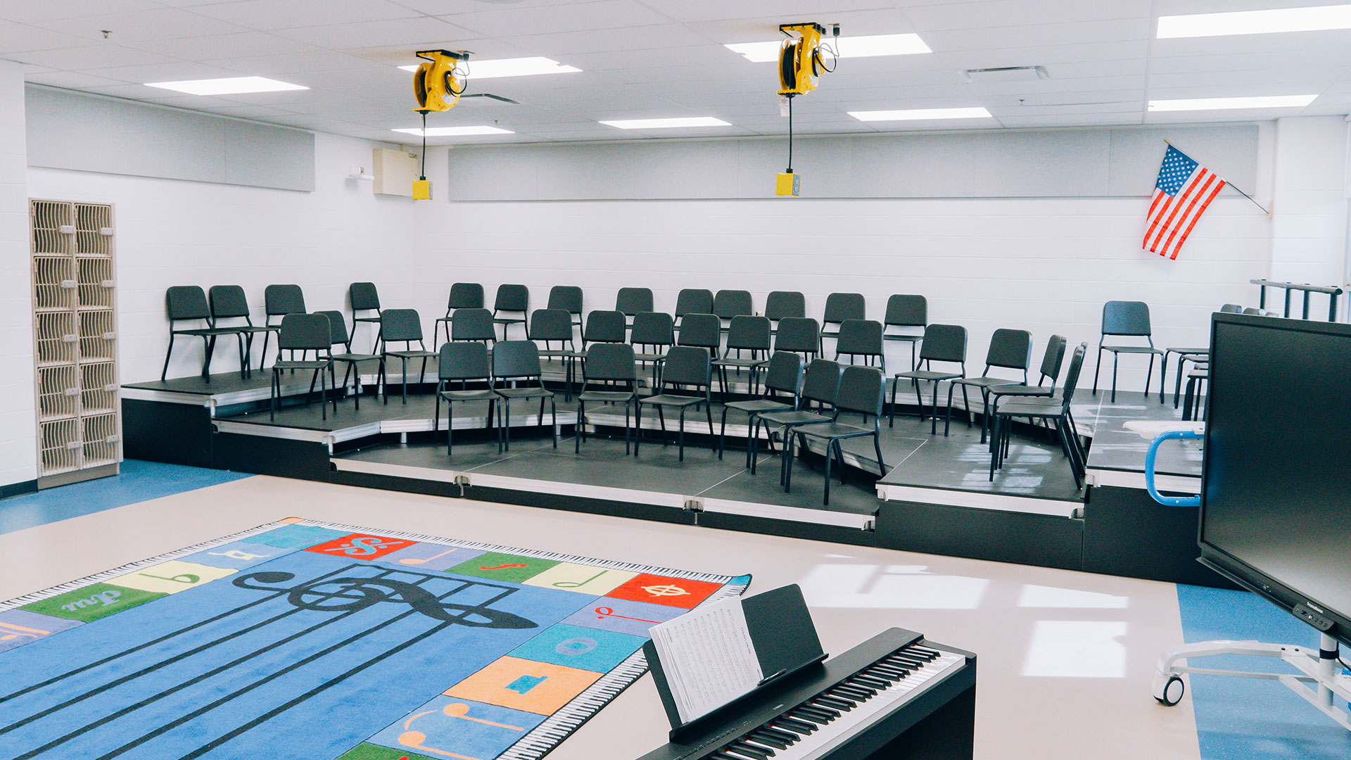 A brightly lit music room.