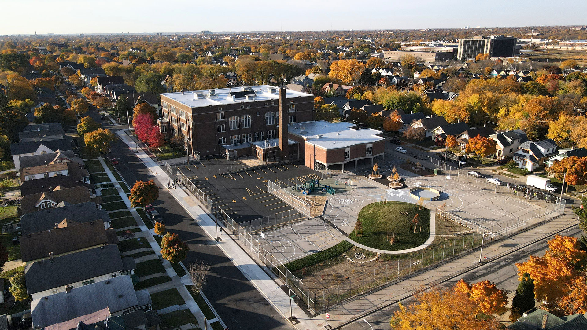 A bird's eye view of Franklin school building and our redeveloped schoolyard.