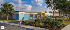 Families stand in front of Jackson's colorful new entrance