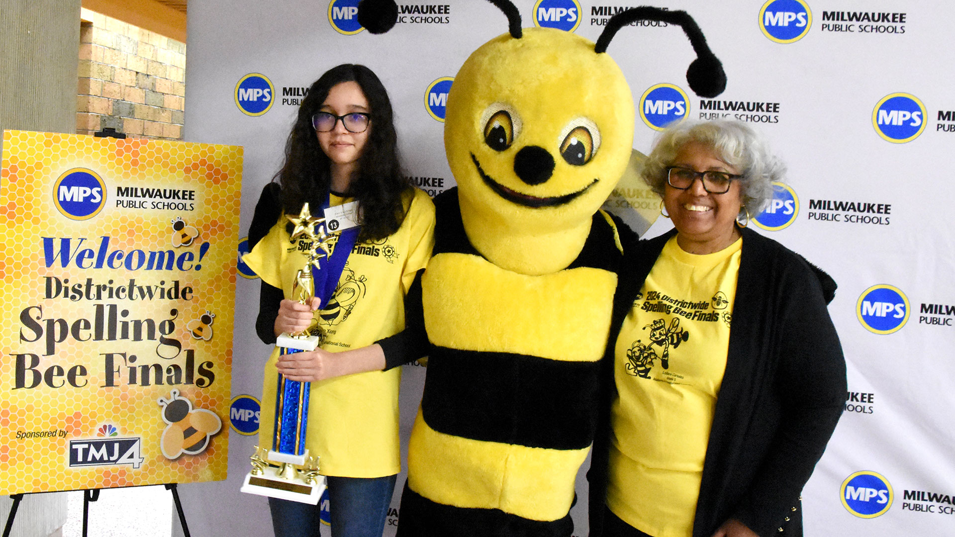 Ellen and Principal Jones Goodwin with the Bee.