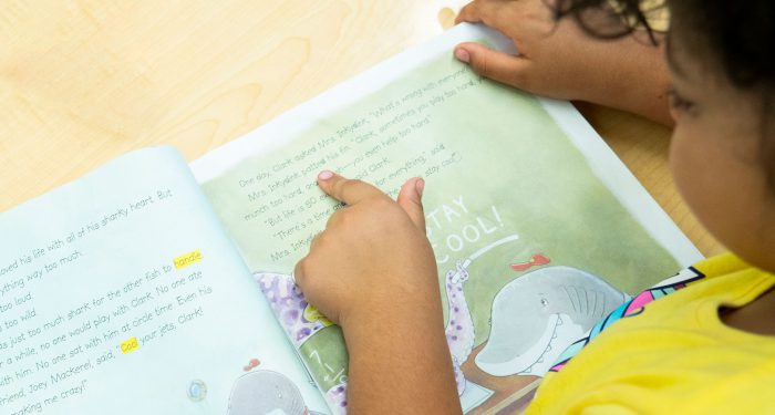 Over the shoulder of a young child pointing to the words of a picture book.