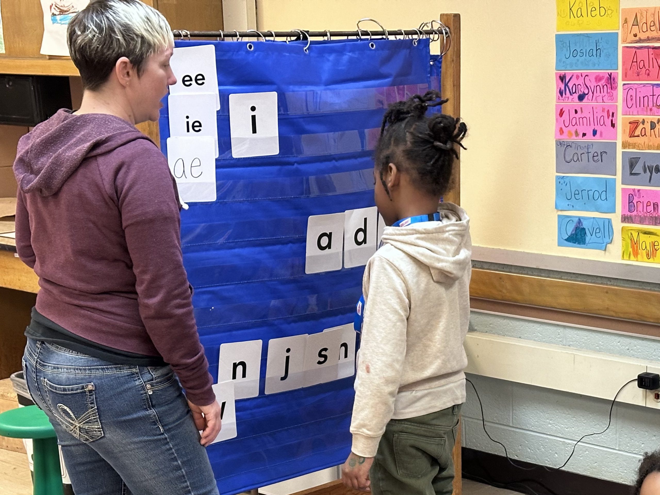 Students learning to sound out words during CKLA.