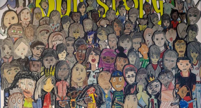 A collage of people drawn by students.