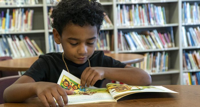 A young boy in a library looking at a picture book.